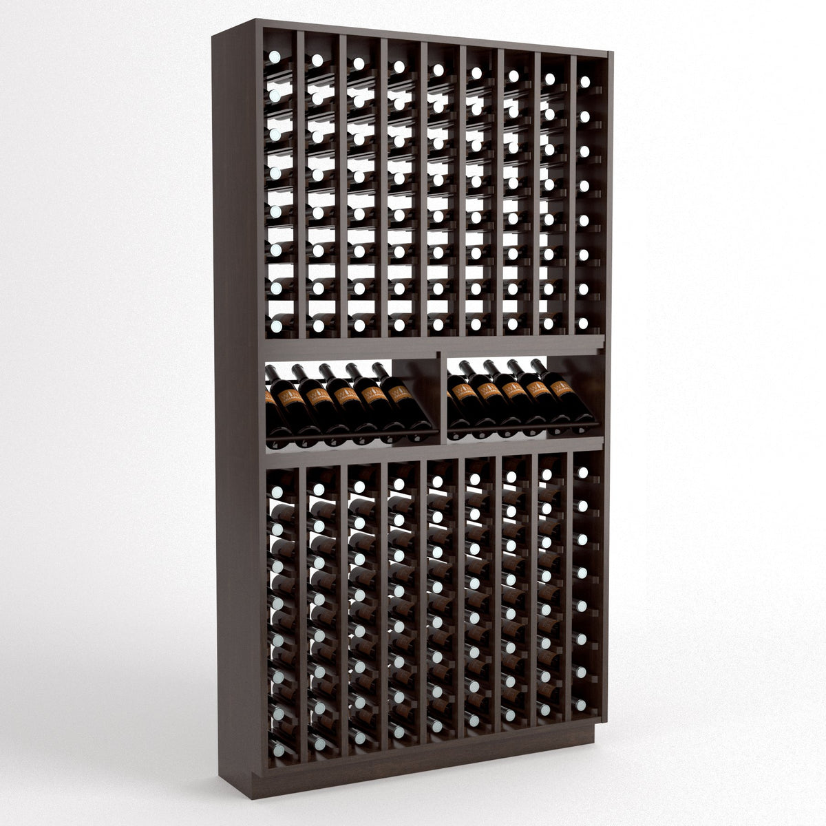 Dark wood wine bottle rack with 9 columns and two upper bottle cradles, filled with bottles