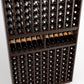 Dark wood wine bottle rack close-up showing 9 columns of bottles and a middle shelf