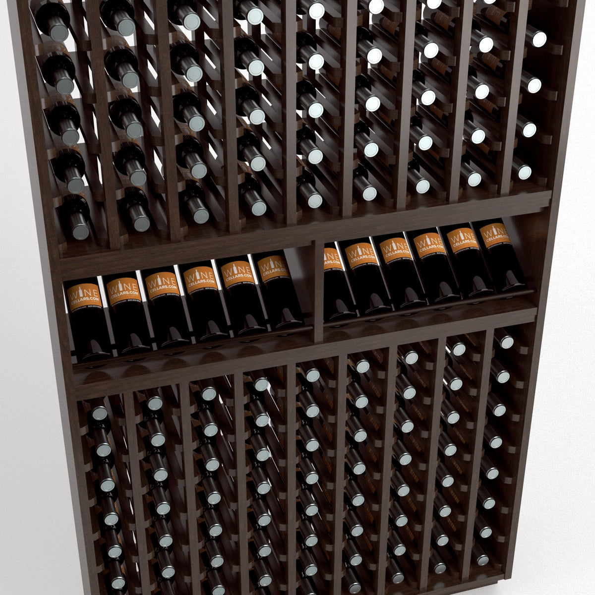 Dark wood wine bottle rack close-up showing 9 columns of bottles and a middle shelf