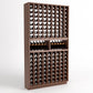 Dark wood wine bottle rack with 9 columns, two upper bottle cradles, and bottle rows
