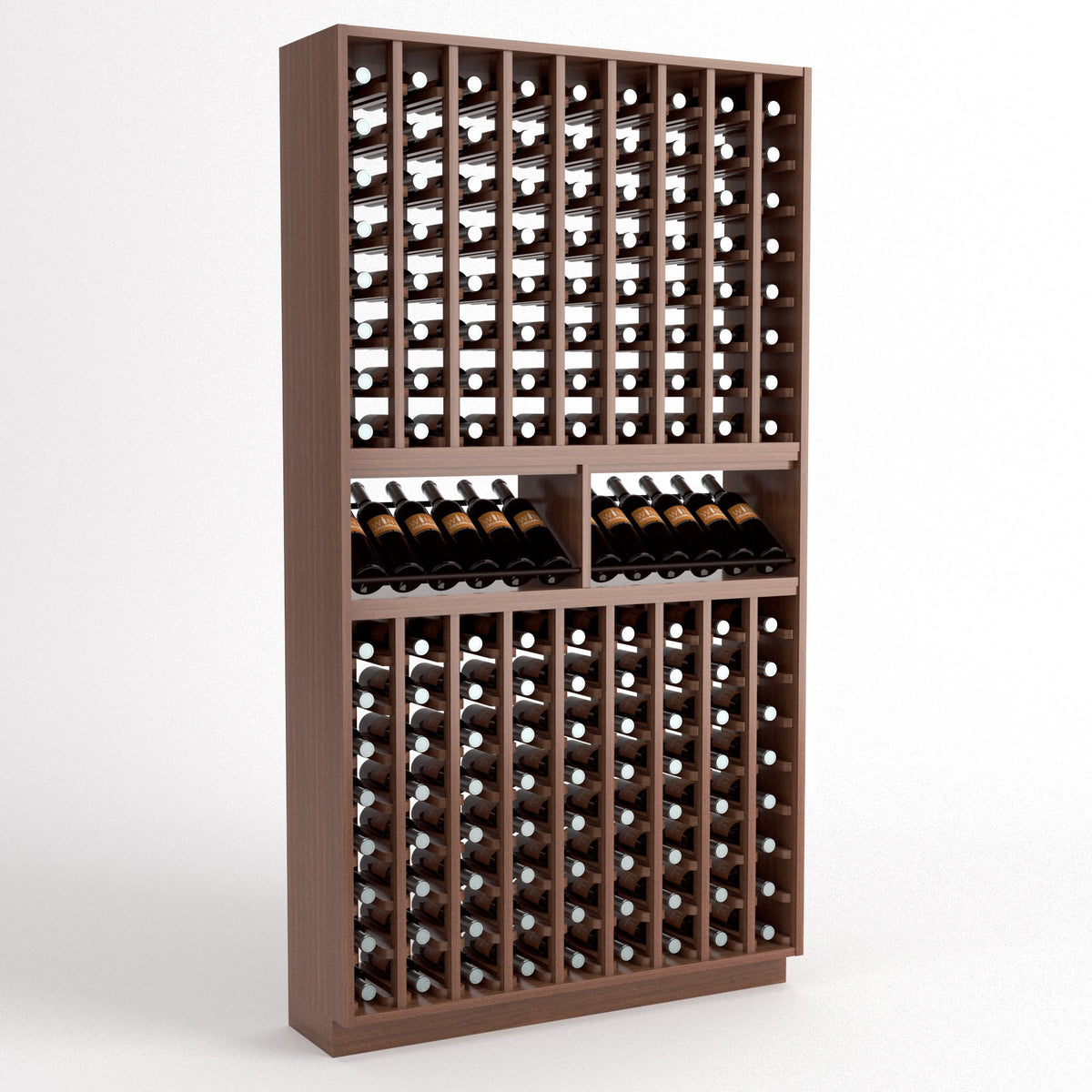 Dark wood wine bottle rack with 9 columns, two upper bottle cradles, and bottle rows