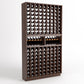 Dark wood wine bottle rack with grid slots and two front wine shelves