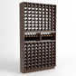 Wood wine bottle display rack with grid slots and two front wine shelves