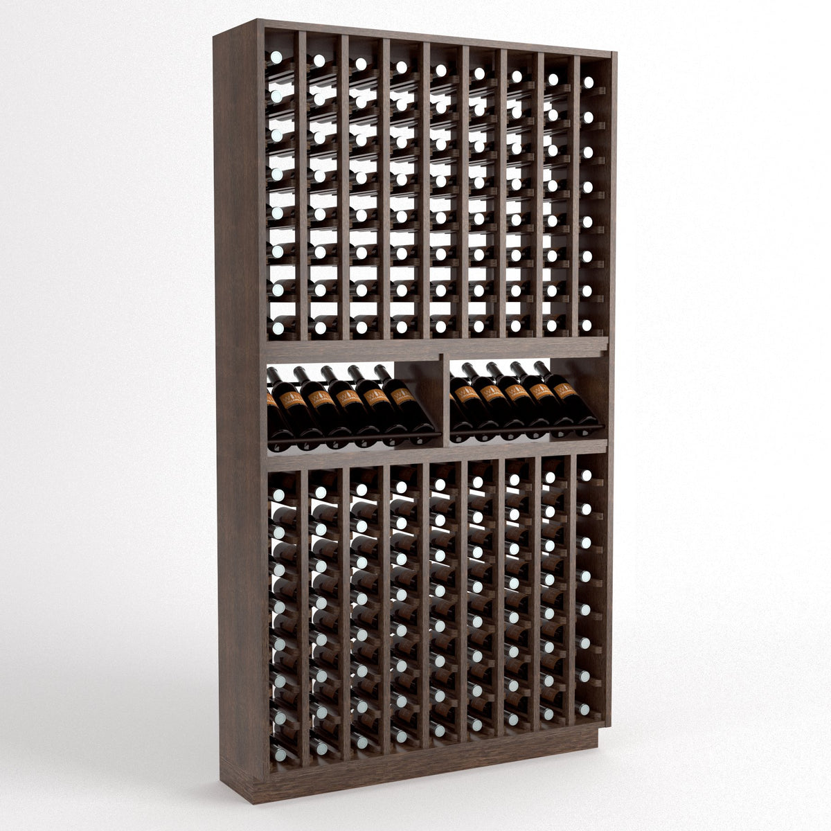 Wood wine bottle display rack with grid slots and two front wine shelves