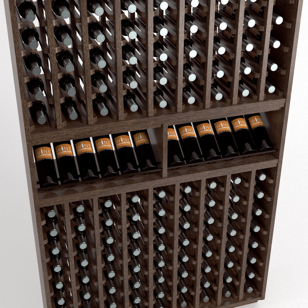 Angled view: wood wine bottle rack with grid compartments and two bottle shelves