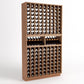Light wood wine bottle display rack with grid slots and two front wine shelves