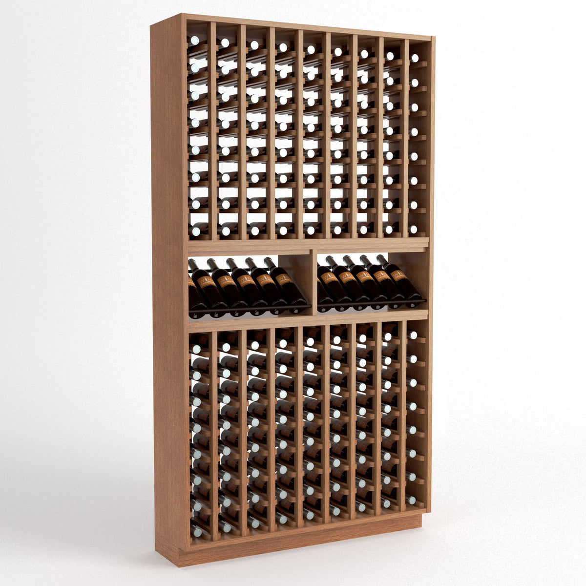 Light wood wine bottle display rack with grid slots and two front wine shelves