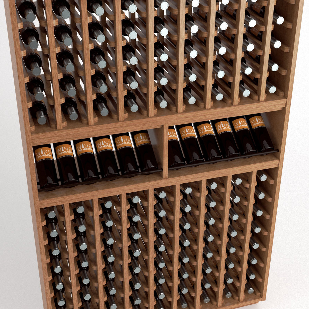 Wood wine bottle rack close-up showing grid slots, bottles, and two front shelves