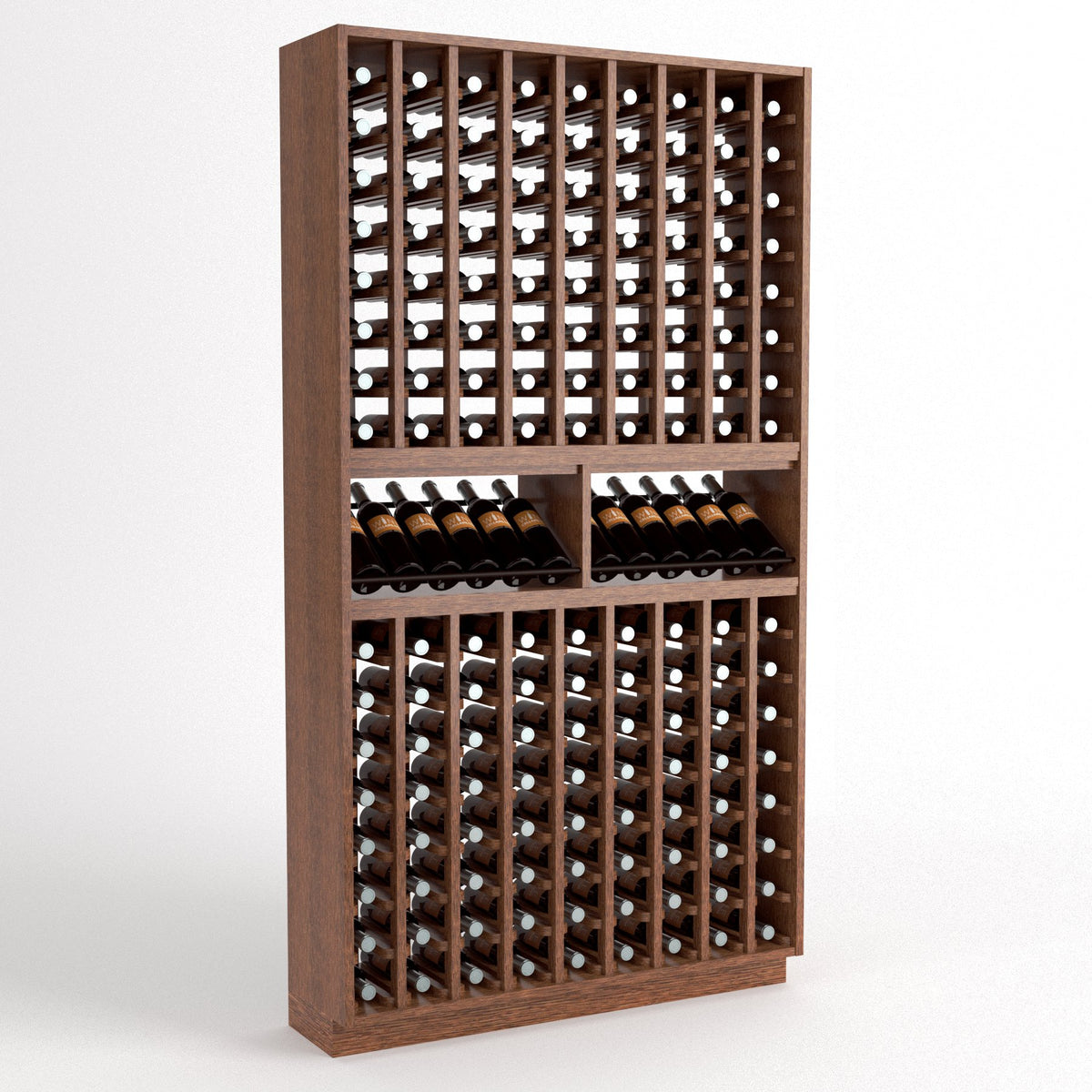 Wood wine bottle display rack with grid slots and two front wine shelf trays