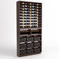 Wood wine bottle display rack featuring top rails, angled cradles, and square wine bins