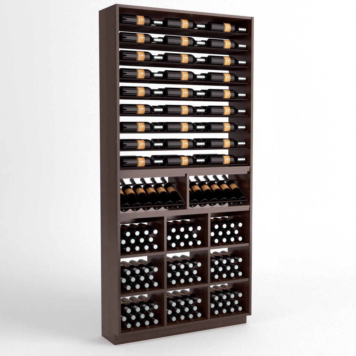 Wood wine bottle display rack featuring top rails, angled cradles, and square wine bins