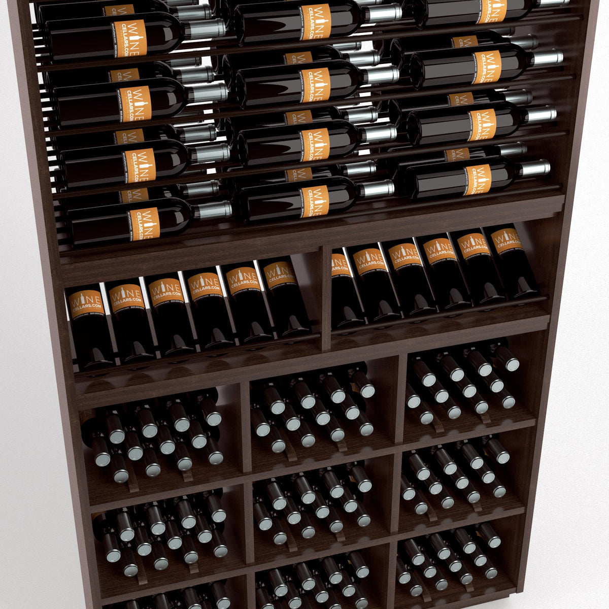 Close-up view of wine rack cabinet with top bottle rails and lower grid cubby storage