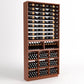 Wood wine storage cabinet with top bottle rails, cubby bins, and grid bottle holders
