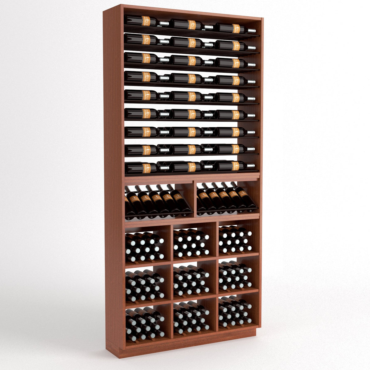 Wood wine storage cabinet with top bottle rails, cubby bins, and grid bottle holders