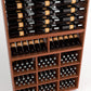 Wood wine display rack with top bottle rows and lower cubby bottle compartments