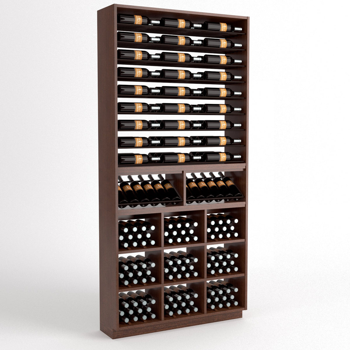 Wood wine display cabinet with bottle rails, angled bottle holders, and lower grid wine cubbies