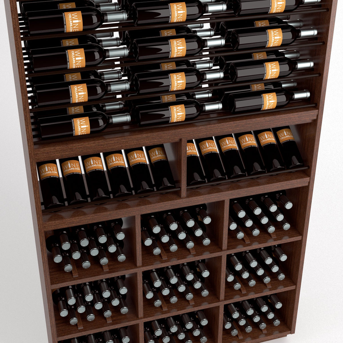 Close-up wine rack cabinet showing rows of bottles, glass-front cubbies, and dot holders