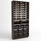Dark wood wine display cabinet with bottle rails on top and multiple storage cubbies