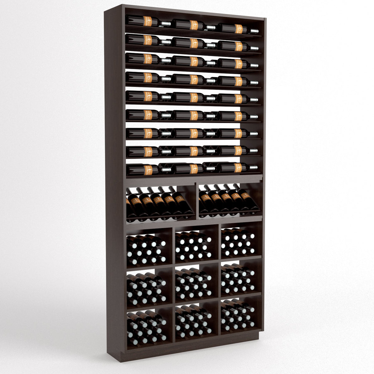 Dark wood wine display cabinet with bottle rails on top and multiple storage cubbies