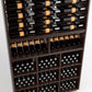 Wood wine rack with close-packed bottle rows above and cubby grid below
