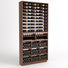 Wood wine rack cabinet with top bottle rails, two wine bottle rows, and dot cubby bins