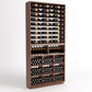 Wood wine rack cabinet with top bottle rails, two wine bottle rows, and dot cubby bins