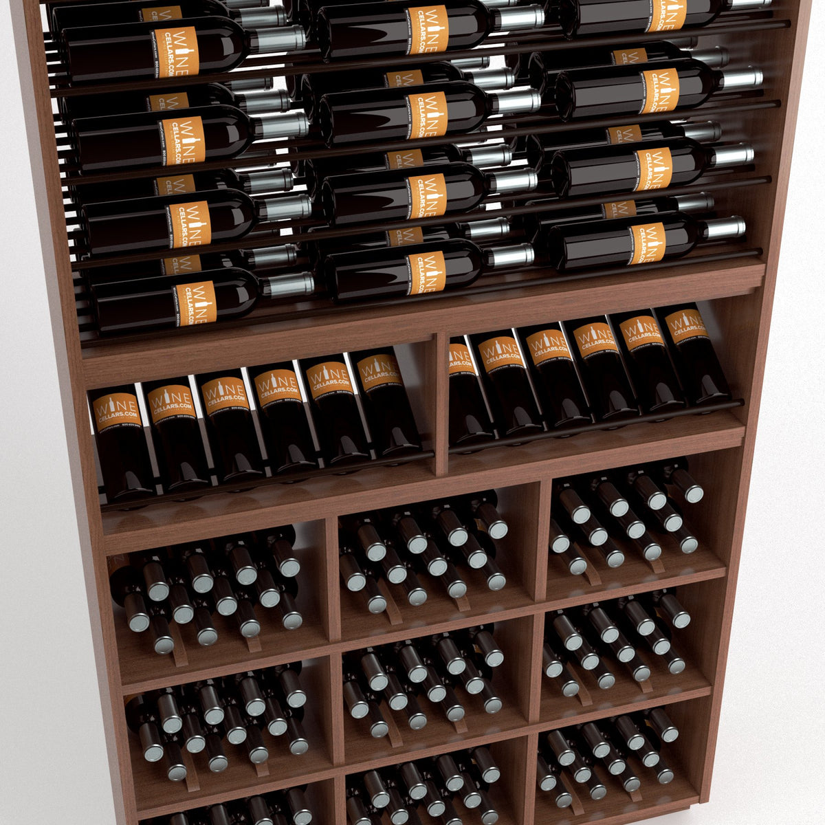Close-up wine cabinet with bottle rails and stacked cubbies for bottles with dot supports