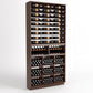 Wood wine display cabinet with top bottle rails, two lower wine shelves, and grid storage bins