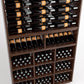 Close-up of wine rack cabinet with bottle rails, bottle storage shelves, and cubby grid