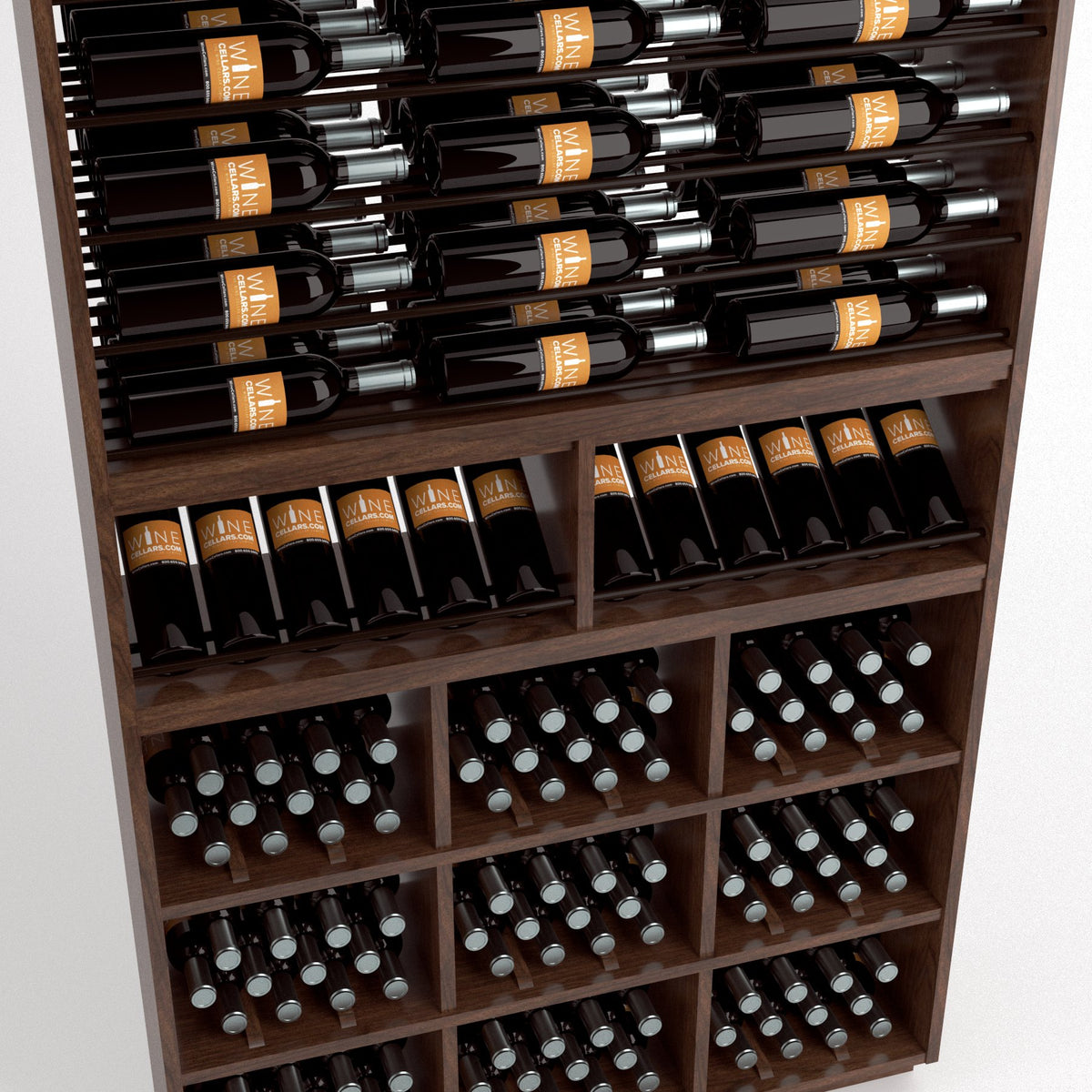 Close-up of wine rack cabinet with bottle rails, bottle storage shelves, and cubby grid