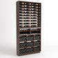 Wood wine storage cabinet with top bottle rails, lower rack rows, and front cubby bin layout