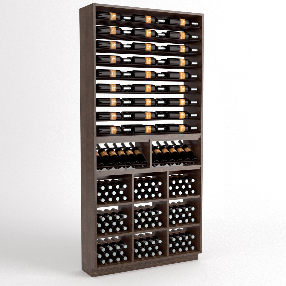 Wood wine storage cabinet with top bottle rails, lower rack rows, and front cubby bin layout