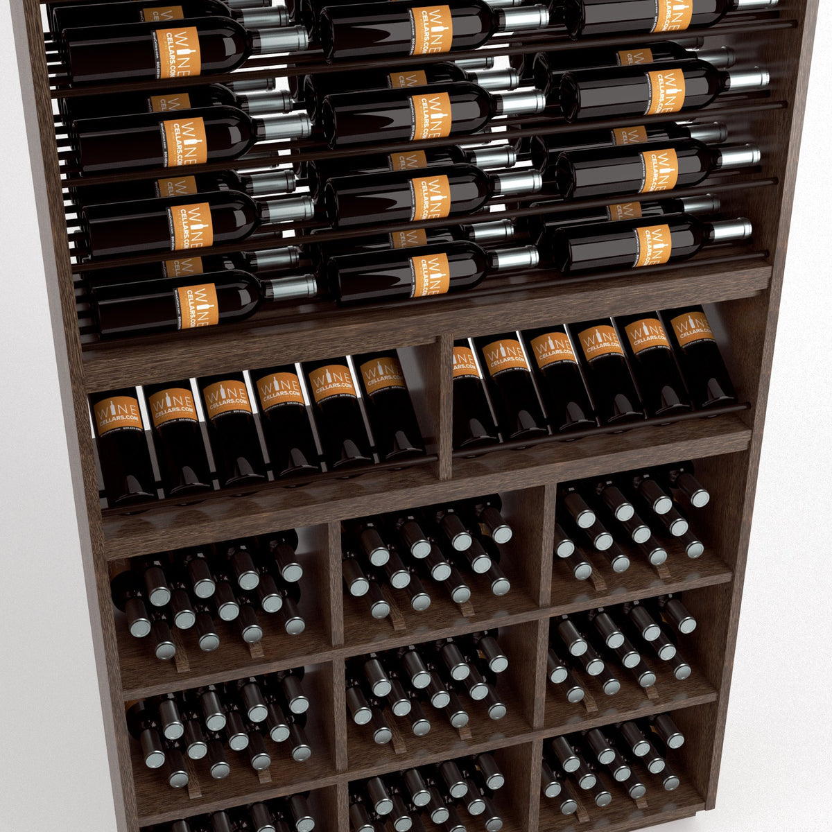 Wood wine storage unit showing dense top bottle rails and grid of bottle cubbies