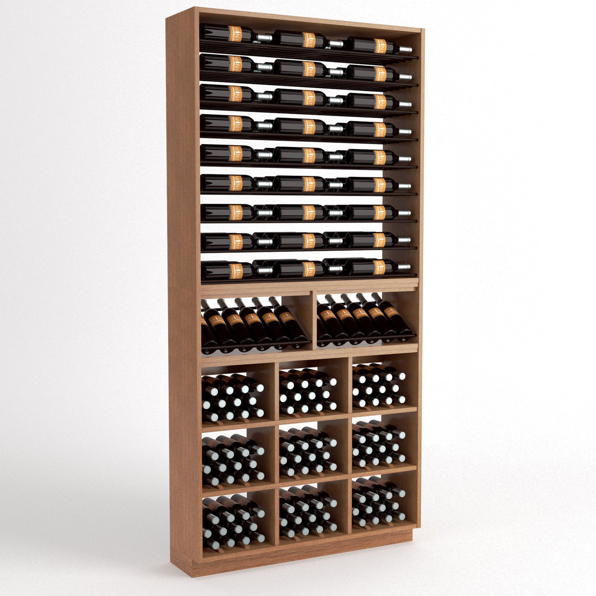 Espresso-toned wood wine storage cabinet with top bottle rails and front cubby compartments