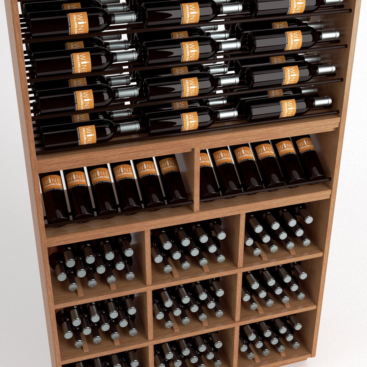 Wood wine storage display with upper bottle rails and lower cubby compartments