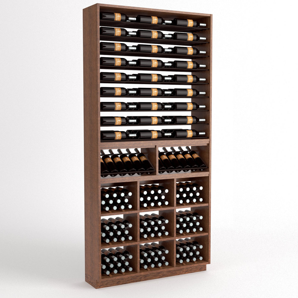 Wood wine bottle display cabinet with 9-column rack and cubby storage bins