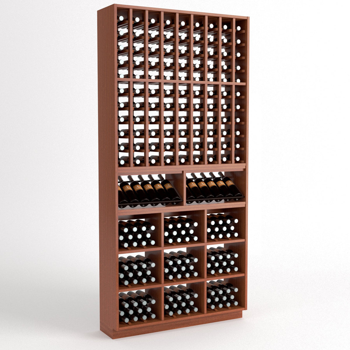 Dark wood wine cellar rack with bottle slots in columns and cubby storage bins