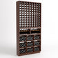 Dark wood wine rack with front column bottle slots and cubby bins for bottles