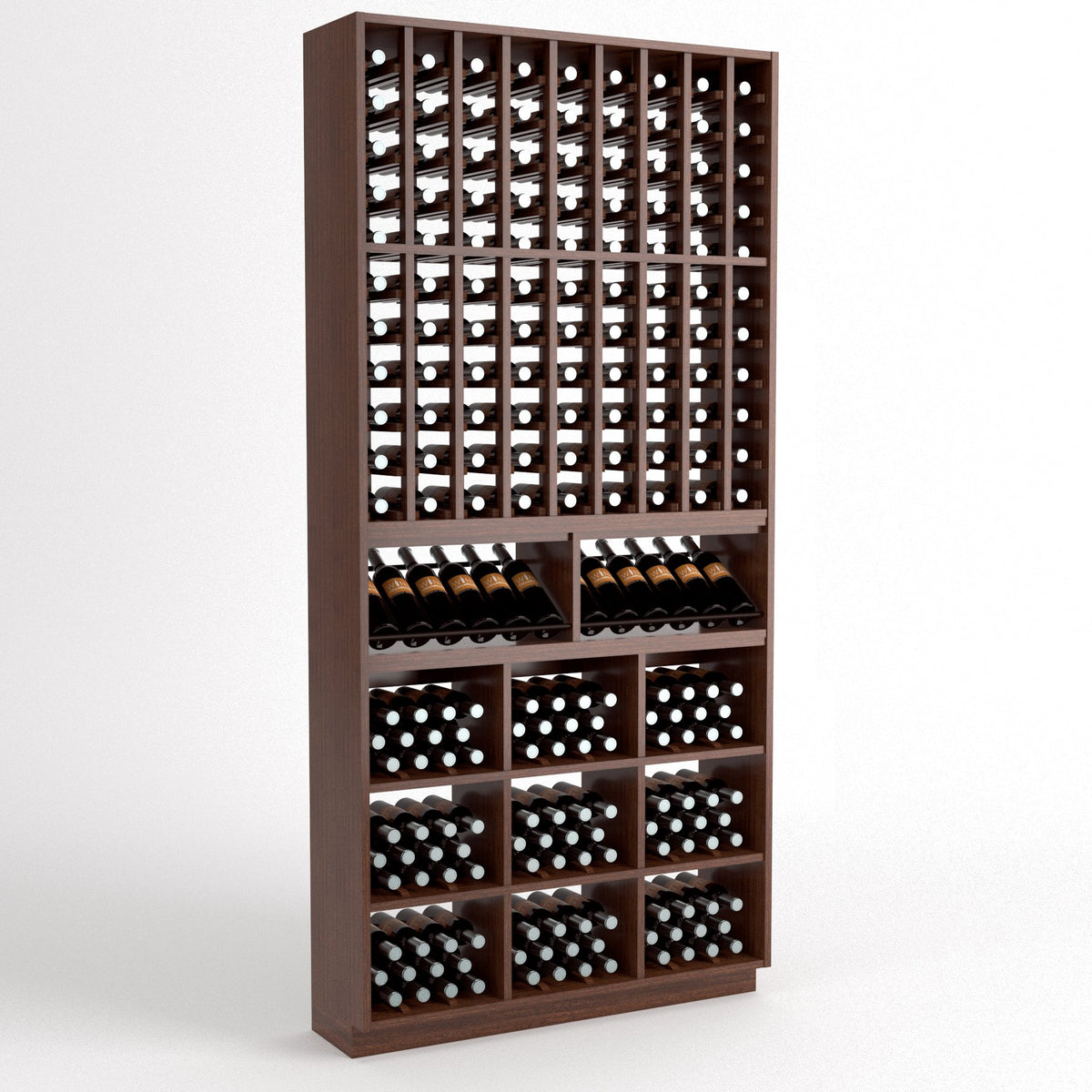 Dark wood wine rack with front column bottle slots and cubby bins for bottles
