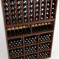 Wooden wine rack with bottle storage rows and open cubbies for upright bottle display
