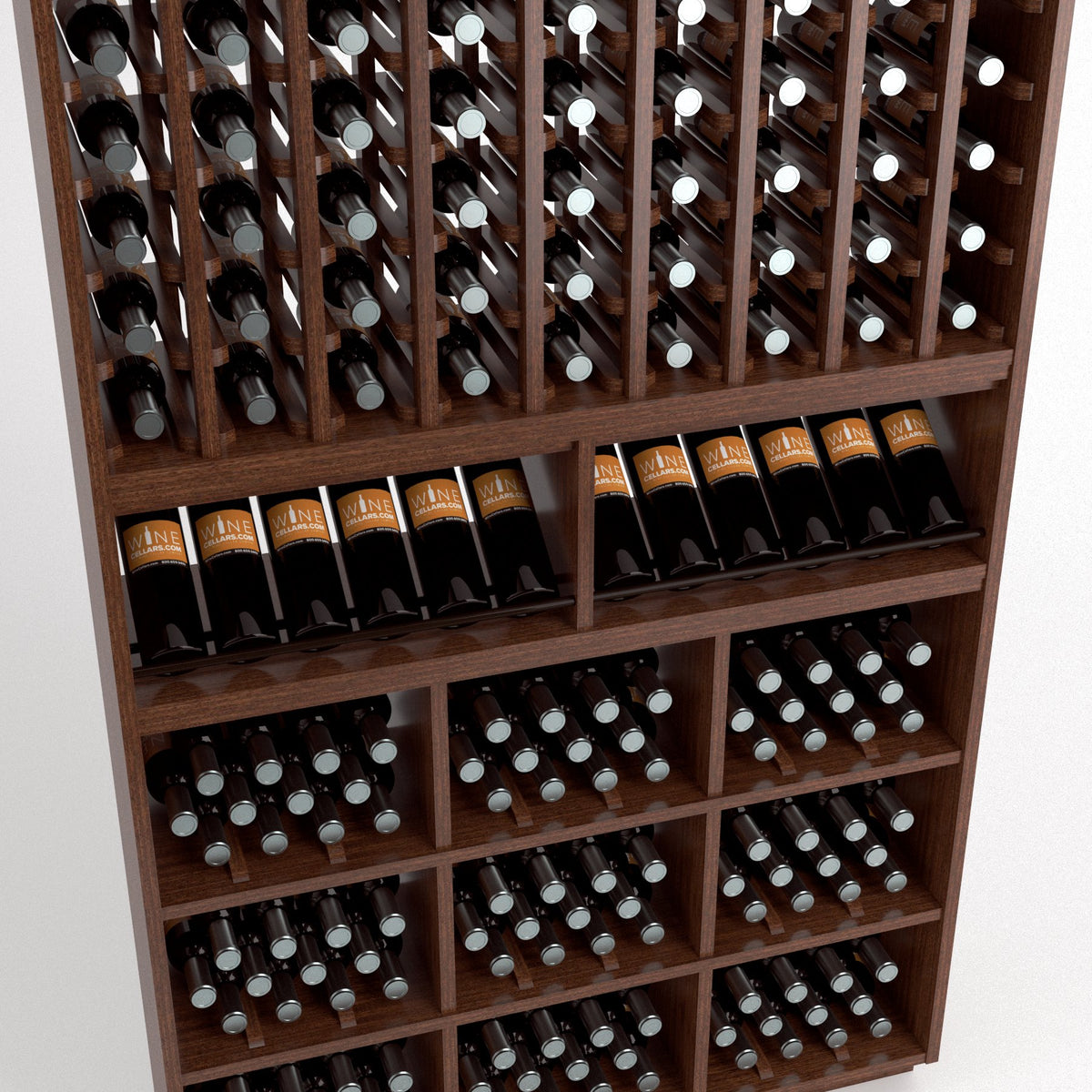 Wooden wine rack with bottle storage rows and open cubbies for upright bottle display