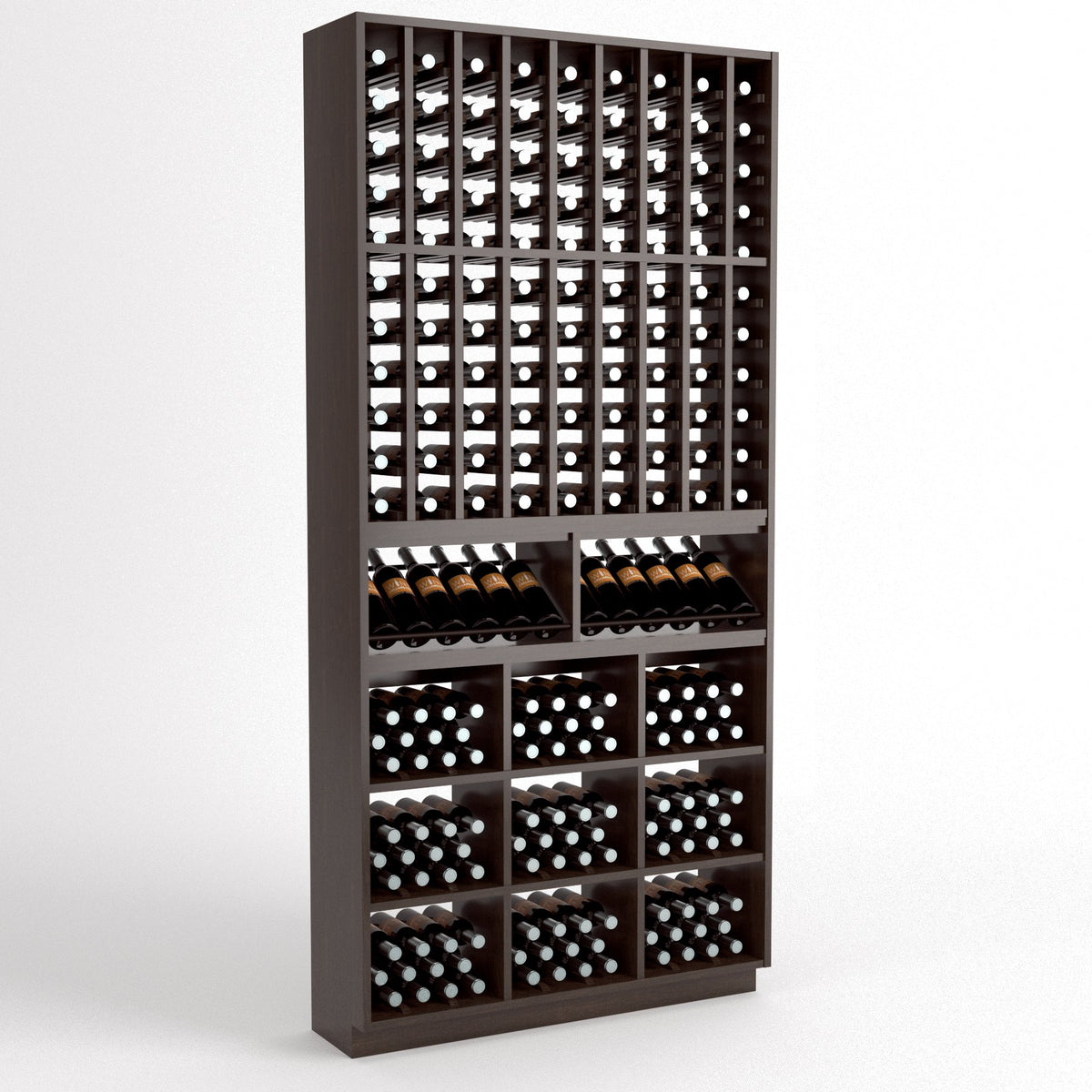 Dark wood wine rack front view with wine bottle grid and cubbies for stored bottles