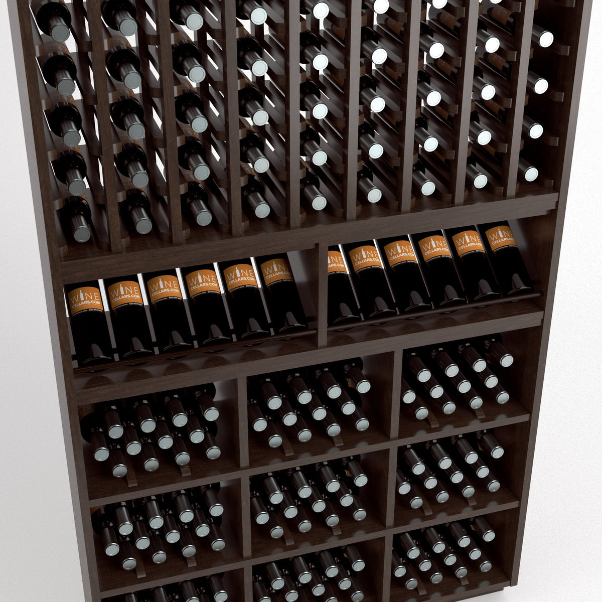Angled close-up of wine rack interior showing bottle slots and cubby bottle bins