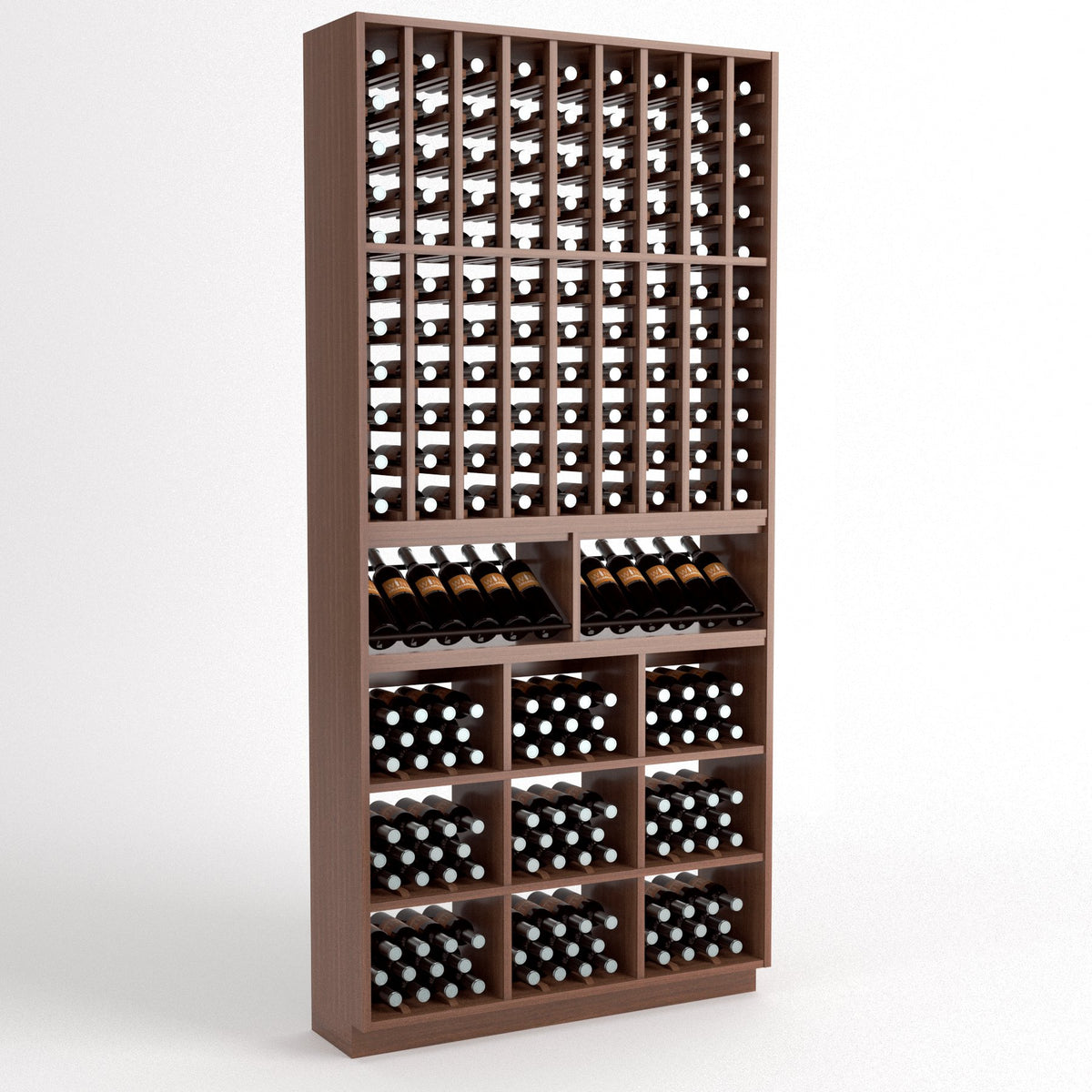 Tall dark wood wine rack with front bottle slots and cubby bins for bottles