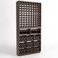 Dark wood wine rack with column bottle slots and cubby bins for bottles