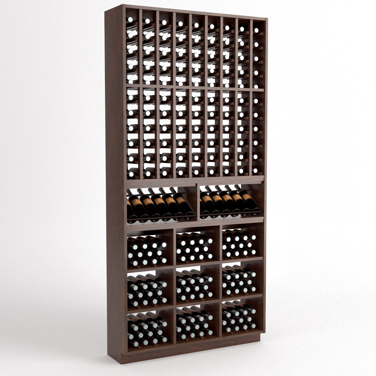 Dark wood wine rack with column bottle slots and cubby bins for bottles