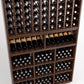 Wooden wine rack with angled bottle holders above and square cubby sections below