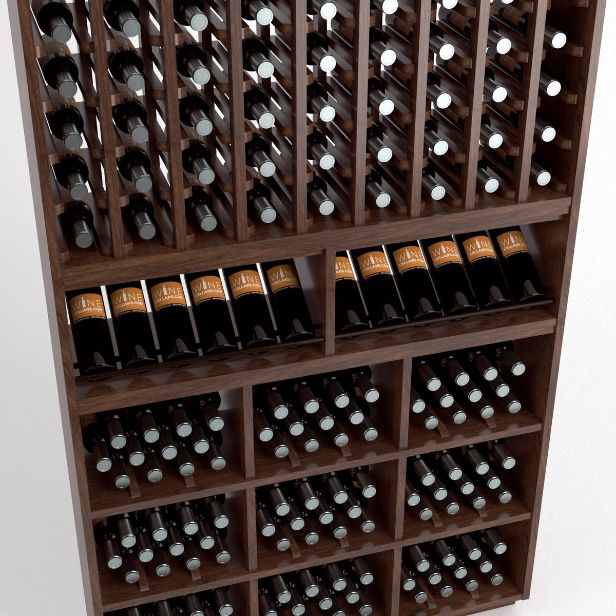 Wooden wine rack with angled bottle holders above and square cubby sections below