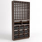 Dark wood wine rack with open grid bottle storage, curved bottle display, and cubbies