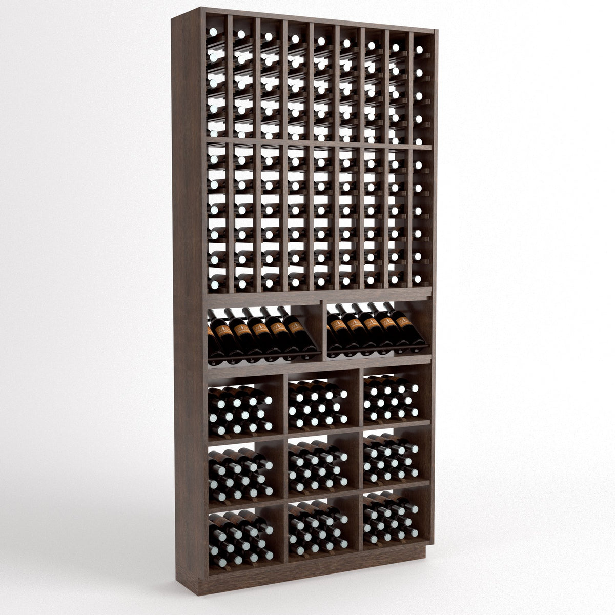 Dark wood wine rack with open grid bottle storage, curved bottle display, and cubbies